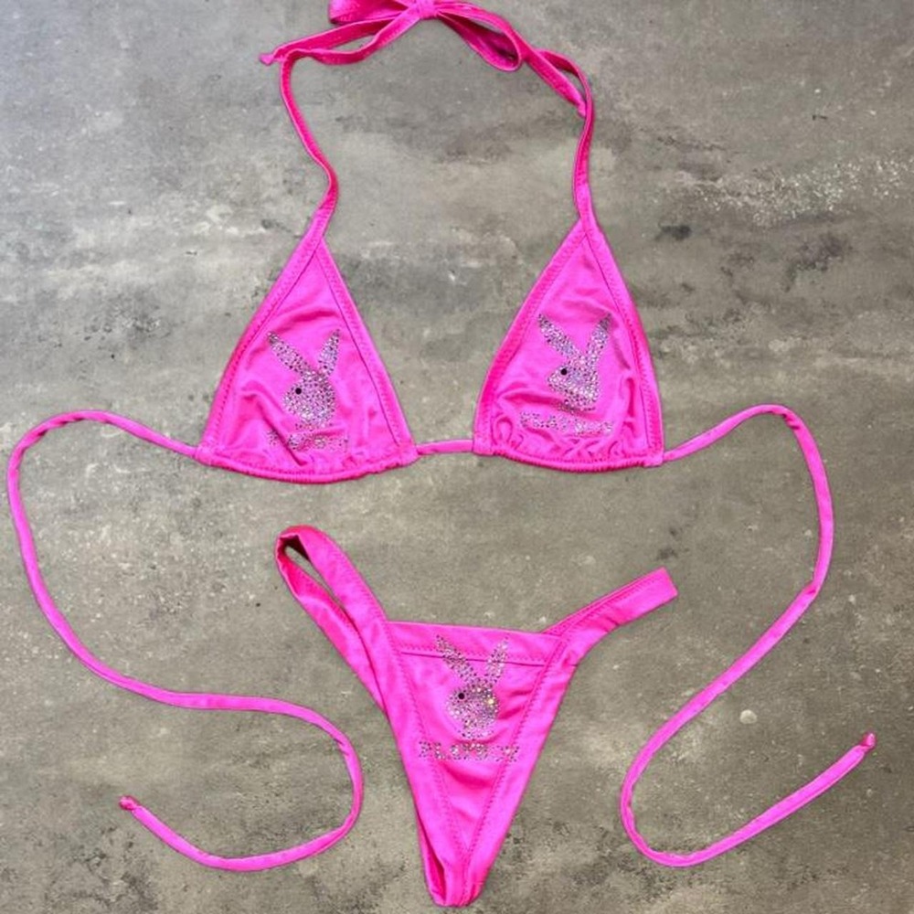 Hot pink rhinestone Playboy bikini set